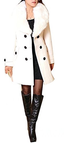Damen Wintermantel Wollmantel Mit Faux Pelz Kragen Parka Herbstjacke Elegant Zweireihiger Trenchcoat Lang Mantel Übergangsjacke Dufflecoat Outwear Mit Gürtel (DE 32, Weiß) von ClairSue