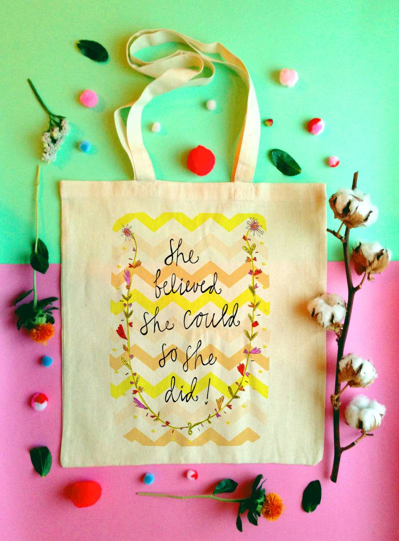 Sie Glaubte Sie Konnte, So Einkaufstasche, Illustrierte Floral Schrulligen Typografie Baumwolle Shopper Tat von ClaireBarclayDraws