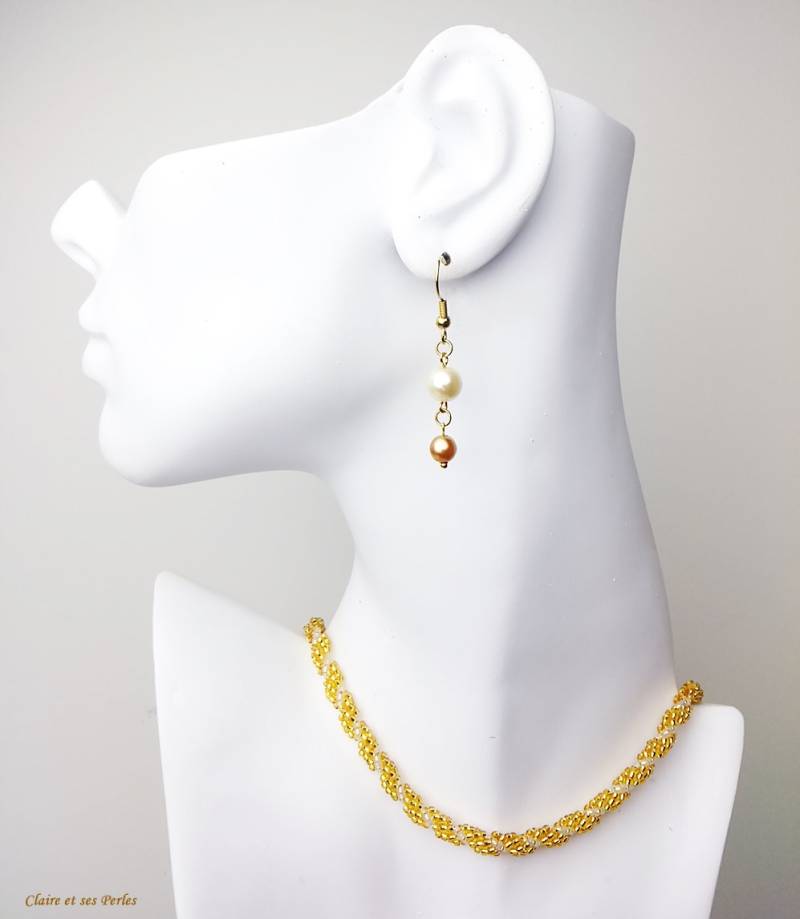 Weiß Und Gold Glas Perlen Halskette. Weberei in Spirale. Set Halskette Ohrringe | Im Lieferumfang Enthalten von Claireetsesperles