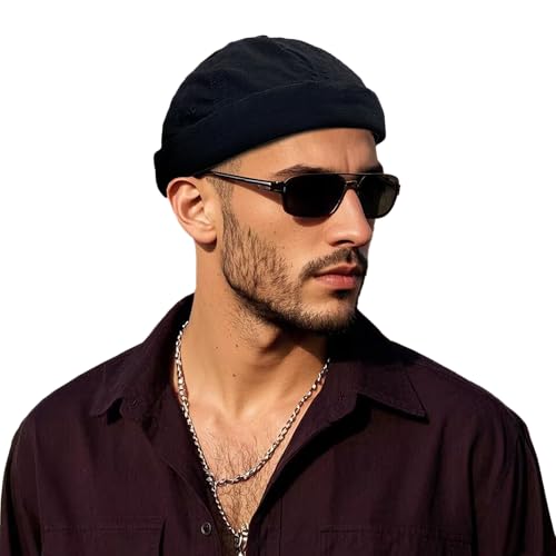 Clakllie Cotton Docker Cap Sommer Seemannsmütze Brimless Skullcap Adjustable Hafenmütze Bikermütze Rolled Cuff Harbour Hat,Black von Clakllie