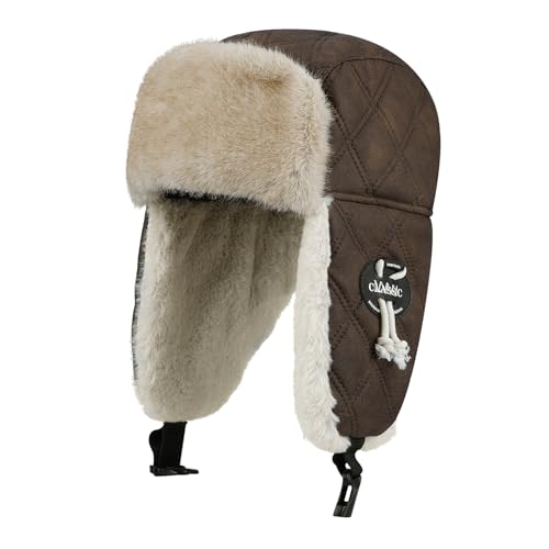 Clakllie Herren Damen Fliegermütze Trappermütze Warm Faux Fur Leder Aviator Pilot Hat Wintermütze Ohrenklappen Winddicht Bombermütze Russenmütze with Ear Flaps für Radfahren Snowboarden Skaten Brown von Clakllie