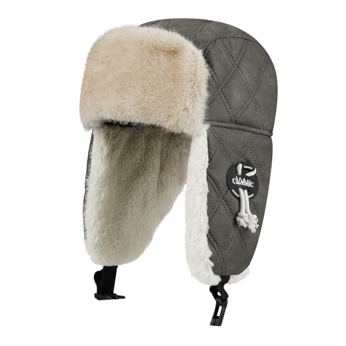 Clakllie Herren Fliegermütze Pilotenmütze Winter Trapper Bomber Mütze Hüte Fellmütze Pelzmütze Wintermütze Frauen Leder Ushanka Russland Russen Hut mit Ohrenklappe Schneekappen Trappermütze Urban Gray von Clakllie