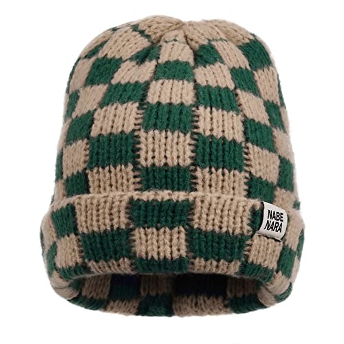 Clakllie Karierte Beanie für Damen Herren Wintermütze Strickmütze mit Bündchen und Dickem Weiche Karierte Mütze Sportliche Mütze Damen,KH56-Khaki/Green von Clakllie