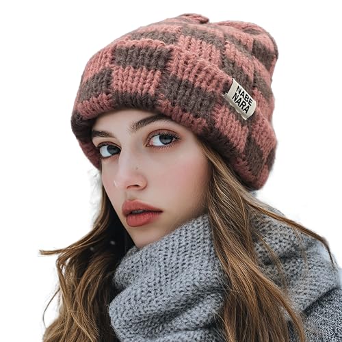 Clakllie Karierte Beanie für Damen Herren Wintermütze Strickmütze mit Bündchen und Dickem Weiche Karierte Mütze Sportliche Mütze Damen,KH56-Pink von Clakllie