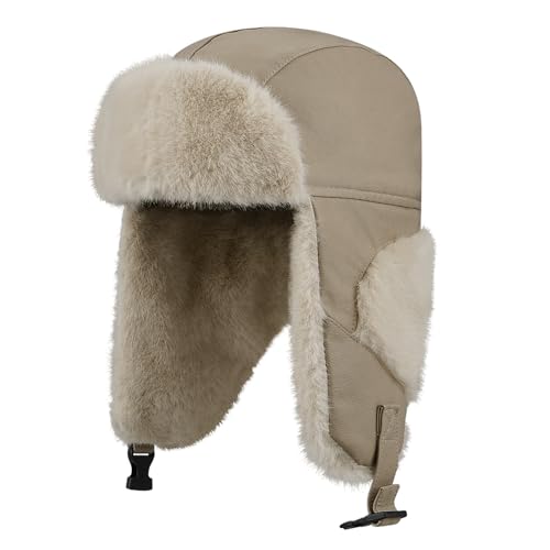 Clakllie Trappermütze Bomber Kunstpelz Faux Fur Aviator Hat Cap,Unisex Winter Warme Fliegermütze Kunstfellmütze Winddichte Wintermütze Schneeschutz Ohrenklappen für Skifahren,Schlittschuhlaufen Khaki von Clakllie