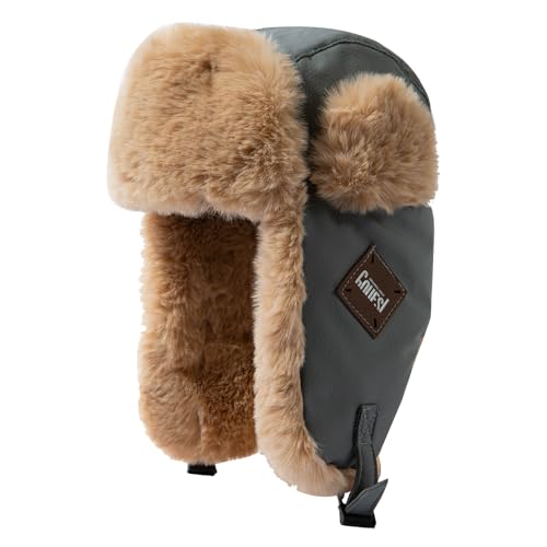 Clakllie Uschanka Russenmütze Unisex Fliegermütze Trappermütze aus Kunstleder Bomber Kunstfellmütze Warme Pilotenmütze mit Ohrenklappen,PL2406-Gray von Clakllie