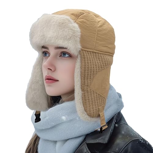 Clakllie Warme Unisex Wintermütze Fliegermütze Trappermütze mit Kunstleder Fellmütze Pilotenmütze Russischer Uschanka Hut Mit Ohrenklappe Bomber Hut Schneekappen Trapper Cap Russenmütze Ohrenschützer von Clakllie