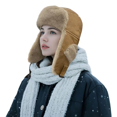 Clakllie Winter Trapper Bomber Mütze Hüte Fellmütze Pelzmütze Unisex Pilotenmütze Fliegermütze Wintermütze Frauen Leder Ushanka Russland Russen Hut Schneekappen Trappermütze mit Ohrenklappe Camel von Clakllie
