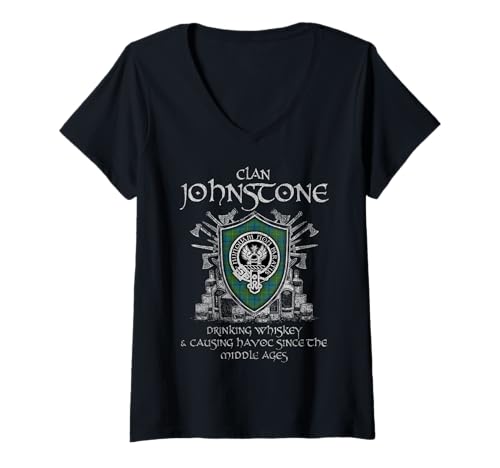 Damen Johnstone Clan tartan crest causing havoc middle ages T-Shirt mit V-Ausschnitt von #Clan Johnstone