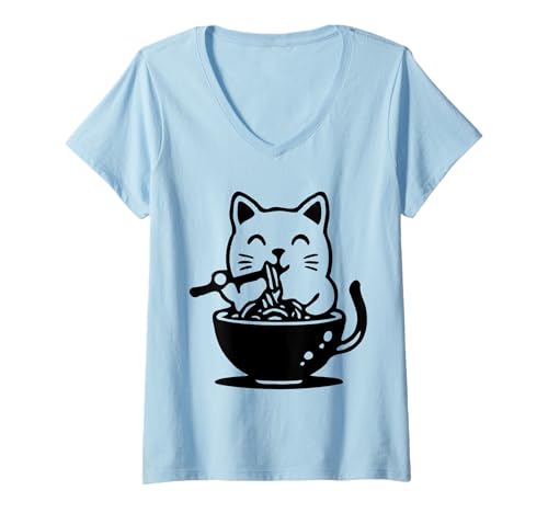 Damen Kätzchen schlürfen Ramen Nudeln Katze Essen Nudelschale niedlich T-Shirt mit V-Ausschnitt Damen Kätzchen schlürfen Ramen Nudeln Katze Essen Nudelschale niedlich T-Shirt mit V-Ausschnitt von Clanker Graphic Tees