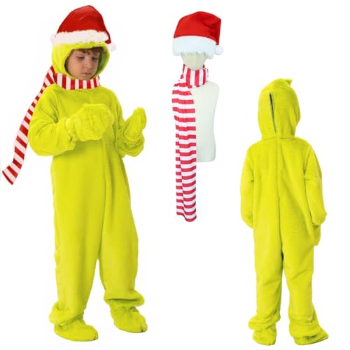 Claofoc 5 teiliges Grinch Kapuzenkostüm Kinder Einteiler Pyjama Weihnachts Overall Outfit mit Schuhen Handschuhen Weihnachtsmütze Rot Weiß Gestreifter Schal Unisex (S) von Claofoc