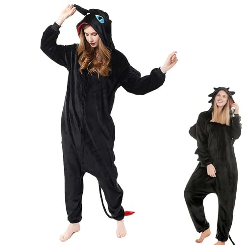 Claofoc Ohnezahn Onesie Erwachsene Drachen Pyjamas Winter Plüsch Overall Pokemon Onesies Halloween Weihnachten Cosplay Kostüm (Black) von Claofoc