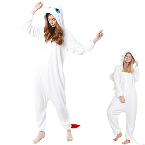 Claofoc Ohnezahn Onesie Erwachsene Drachen Pyjamas Winter Plüsch Overall Pokemon Onesies Halloween Weihnachten Cosplay Kostüm (White) von Claofoc