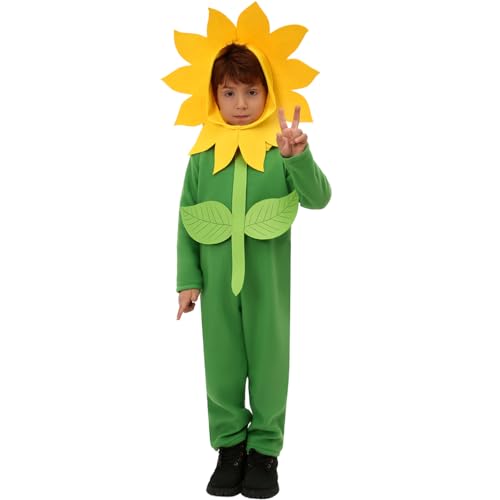Claofoc Sonnenblume Kostüm für Kinder Grüner Pyjama Kapuzenoverall und Sonnenblumen Kopfbedeckung Halloween Valentinstag Kostüm für Jungen und Mädchen (M) von Claofoc