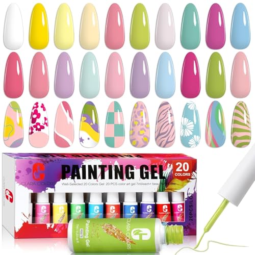 Gel Eyeliner Set 20 Farben Lila Rosa Grün Gel Nagellack für French Tip Spirale Malerei Design (Neon, 20 Farben) von Clara Colors