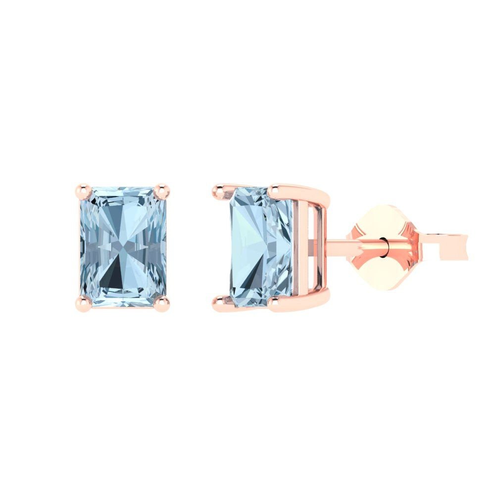 1, 0 Ct Brilliant Emerald Cut Echte Solitär Ohrstecker Natürliche Schweizer Blautopas Edelstein Solid 18K 14K Rose Gold Ohrringe Drücken Sie Zurück von ClaraPucci