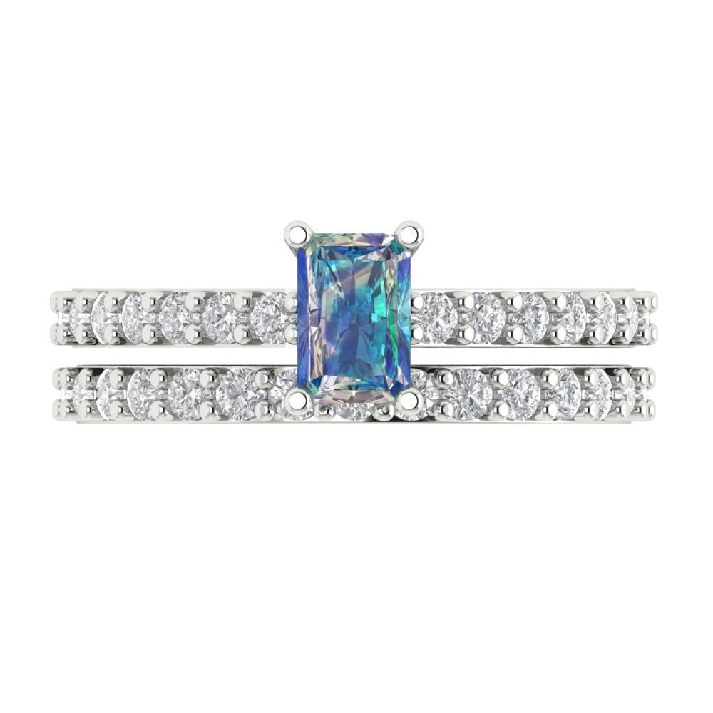 1, 16 Ct Brilliant Smaragdschliff Echter Blauer Moissanite Edelstein Real Solid 18K 14K Weißgold Solitär Mit Akzenten Braut Set von ClaraPucci