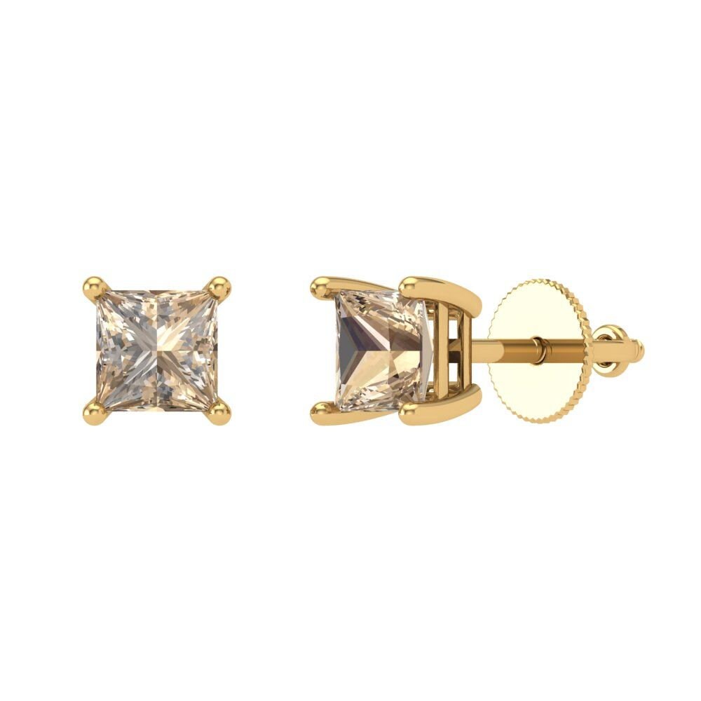 1 Ct Brilliant Princess Cut Solitaire Ohrstecker Echter Gelber Moissanite Edelstein Echte Solide 18K 14K Gelbgold Ohrringe Schraube Zurück von ClaraPucci