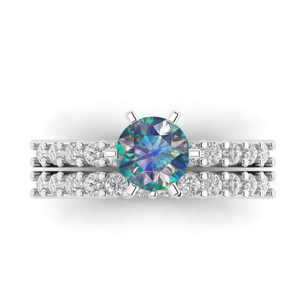 1.66 Ct Brilliant Rundschliff Designer Echter Blauer Moissanite Edelstein Real Solid 18K 14K Weißgold Solitär Mit Akzenten Braut Set von ClaraPucci