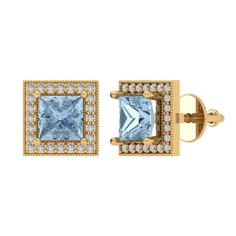 2, 24 Ct Brilliant Princess Cut Echte Halo Ohrstecker Natürliche Schweizer Blautopas Edelstein Solid 18K 14K Gelbgold Ohrringe Schraube Zurück von ClaraPucci