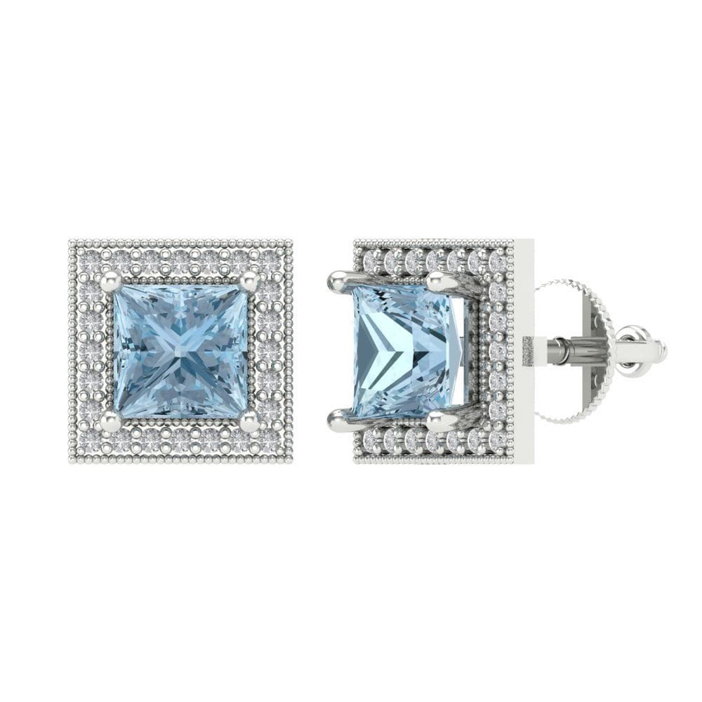 2, 24 Ct Brilliant Princess Cut Echte Halo Ohrstecker Natürliche Schweizer Blautopas Edelstein Solide 18K 14K Weißgold Ohrringe Schraube Zurück von ClaraPucci