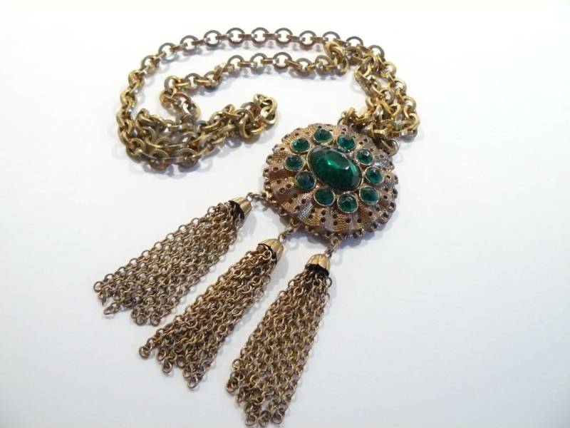 Schöne Vtg Jugendstil/Art Deco Smaragd Strass Dreifach Baumeln Halskette von ClarabellesCloset