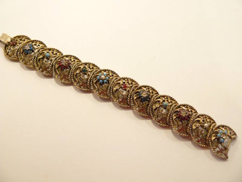 Vintage Verzieren Strass & Faux Turquoise Crescent Link Armband von ClarabellesCloset