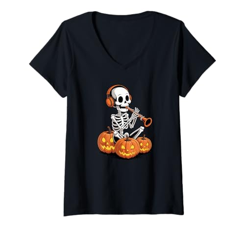 Damen Halloween Skelett Klarinette Klarinettist T-Shirt mit V-Ausschnitt von Clarinet Music Clarinetist Gifts