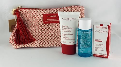 Clarins Cleanser Beauty Flash Balm 15 ml, Make-Up Remover 30 ml, Body Fit Active 8 ml, Travel Bag von Clarins