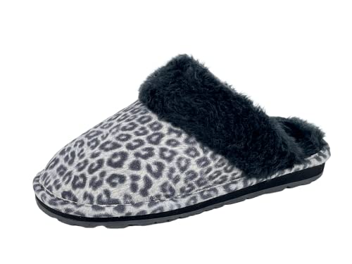 Clarks Damen Hausschuhe mit offenem Rücken, Wildleder, Komfort-Clog, JMS0583C – Plüsch-Kunstfellbesatz – Innen- und Außenbereich, Schwarz/Grau Leopard, 40.5 EU von Clarks