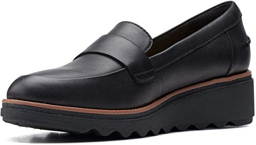 Clarks Damen – Sharon Gracie Einfassung – 12 m Penny Loafer, Schwarzes Leder mit dunkelbraunem Rand, 44 EU von Clarks