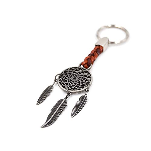 Schlüsselanhänger Ring Dreamcatcher Traumfänger mit 3 beweglichen Federn am Ende eines Lederriemens, 9 cm Plus Ring 2,5 cm, Silber, 11,5 cm, Silber, 11,5 cm, Silber, 11,5 cm von Claro Schmuck