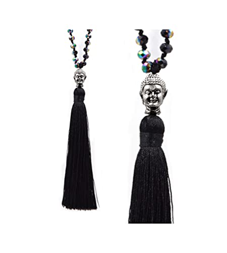 ClaroSchmuck Mala-Halskette Glas-Perlen-Halskette Handmade mit Quaste schwarz und Buddha Kopf Anhänger, ca. 86cm von ClaroSchmuck
