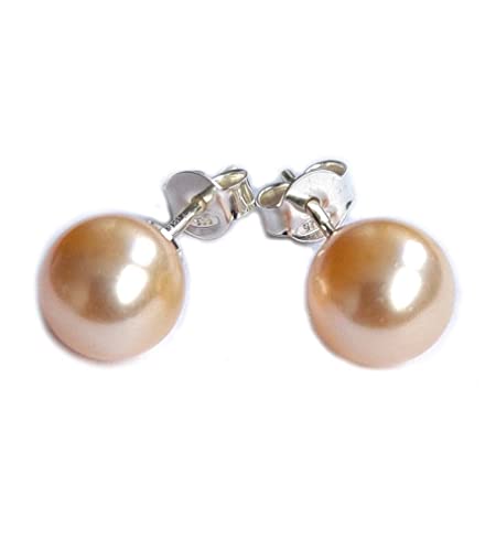 Damen Perlen-Ohrstecker Ohrringe 925 Sterling Silber mit Premium Crystal Perle 8 mm, Verschluss: Butterfly, Peach von ClaroSchmuck