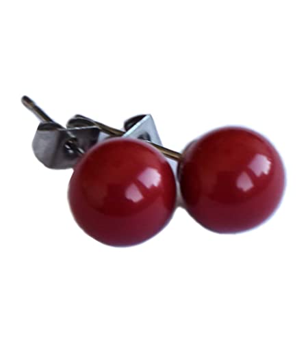 Damen Perlen-Ohrstecker Ohrringe 925 Sterling Silber mit Premium Crystal Perle 8 mm, Verschluss: Butterfly, red coral von ClaroSchmuck