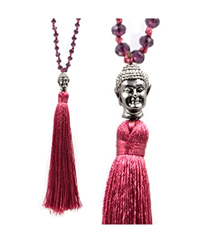 ClaroSchmuck Mala-Halskette Glas-Perlen-Halskette brombeere Handmade mit Quaste und Buddha Kopf Anhänger, ca. 86cm von ClaroSchmuck