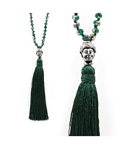 ClaroSchmuck Mala-Halskette Glas-Perlen-Halskette grün Handmade mit Quaste und Buddha Kopf Anhänger, ca. 86cm von ClaroSchmuck