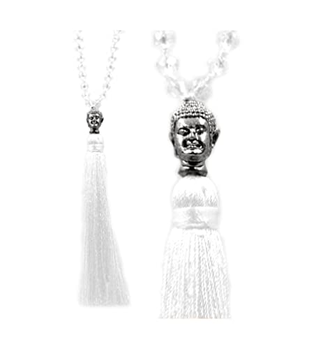 ClaroSchmuck Mala-Halskette aus Glas mit Bommel und Anhänger Buddha Kopf ca. 86 cm, Seidenglas von ClaroSchmuck