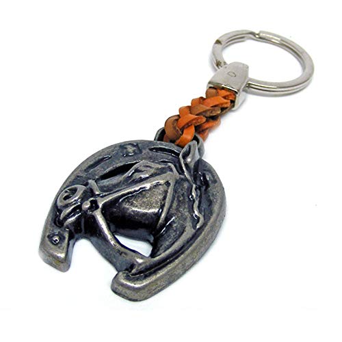 Schlüssel-Anhänger Hufeisen mit Pferdekopf, Schlüsselring aus Metall Stärke 2 mm, Band aus Kunstleder, Gesamtlänge ca. 10 cm von ClaroSchmuck