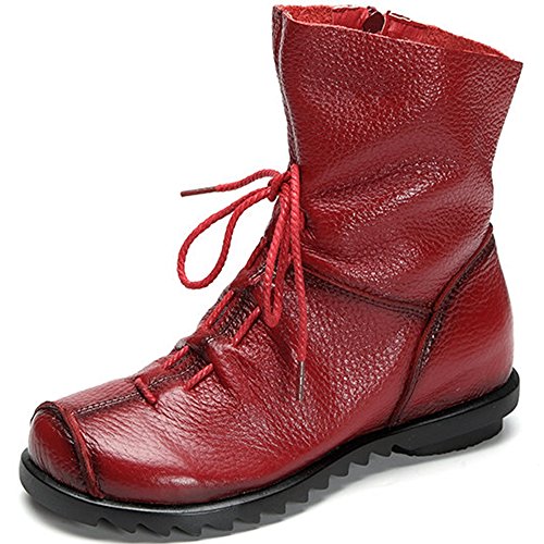 Clarsunny Damen Leder Casual Soft Flache Stiefel, Rot/Ausflug, einfarbig (Getaway Solids), 36 EU von Clarsunny