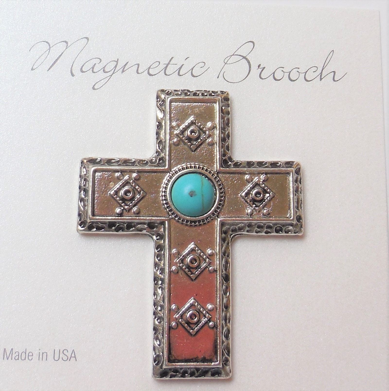 Magnet Brosche Clip Verschluss Pin Silber Finish Metall Southwest Kreuz Kunst Türkis Center Accessoire Schals von Clasplady