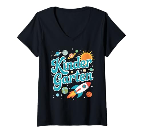 Damen Kindergarten Rakete Planeten Weltraum Thema Sonne Kunst T-Shirt mit V-Ausschnitt Damen Kindergarten Rakete Planeten Weltraum Thema Sonne Kunst T-Shirt mit V-Ausschnitt von Class Galaxy Apparel