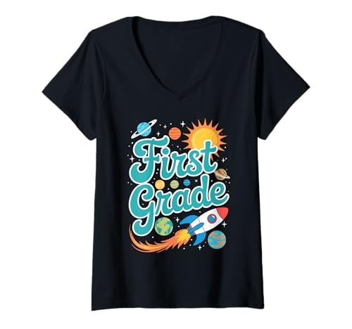 Damen Raketenthema für die erste Klasse: Planeten und Sonnenschule T-Shirt mit V-Ausschnitt Damen Raketenthema für die erste Klasse: Planeten und Sonnenschule T-Shirt mit V-Ausschnitt von Class Galaxy Apparel