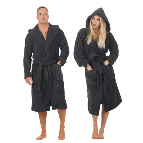 Class Home Collection Bademantel Damen & Herren mit Kapuze – 100% Baumwolle Frottee, weich, saugstark & lang – Unisex Morgenmantel für Spa & Zuhause – OEKO-TEX zertifiziert Anthrazit Gr. M von Class Home Collection