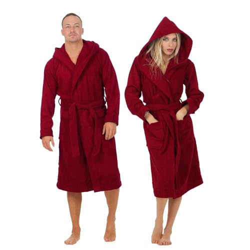 Class Home Collection Bademantel Damen & Herren mit Kapuze – 100% Baumwolle Frottee, weich, saugstark & lang – Unisex Morgenmantel für Spa & Zuhause – OEKO-TEX zertifiziert Bordeaux Gr. XXL von Class Home Collection