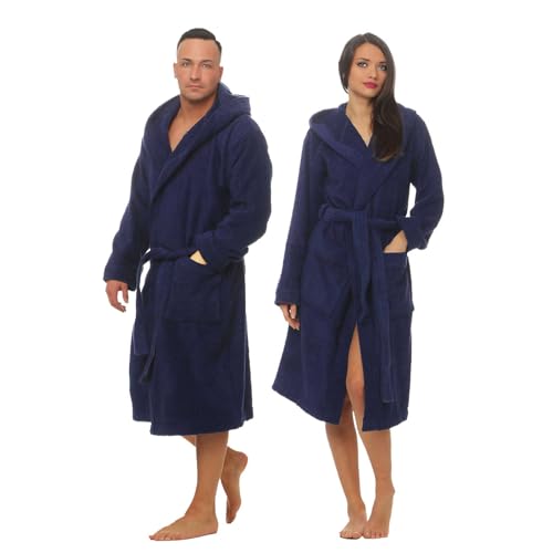 Class Home Collection Bademantel Damen & Herren mit Kapuze – 100% Baumwolle Frottee, weich, saugstark & lang – Unisex Morgenmantel für Spa & Zuhause – OEKO-TEX zertifiziert Navy Gr. M von Class Home Collection