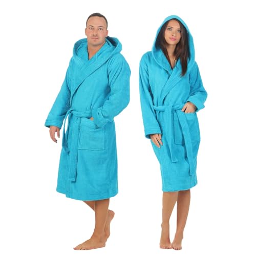 Class Home Collection Bademantel Damen & Herren mit Kapuze – 100% Baumwolle Frottee, weich, saugstark & lang – Unisex Morgenmantel für Spa & Zuhause – OEKO-TEX zertifiziert Türkis Gr. XXL von Class Home Collection