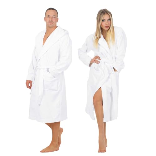 Class Home Collection Bademantel Damen & Herren mit Kapuze – 100% Baumwolle Frottee, weich, saugstark & lang – Unisex Morgenmantel für Spa & Zuhause – OEKO-TEX zertifiziert Weiß Gr. XXL von Class Home Collection
