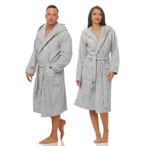 Class Home Collection Bademantel Damen & Herren mit Kapuze – 100% Baumwolle Frottee, weich, saugstark & lang – Unisex Morgenmantel für Spa & Zuhause – OEKO-TEX zertifiziert Grau Gr. XL von Class Home Collection