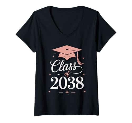 Damen Class of 2038 Abschluss Jahr Sterne Kappe Schulabschluss T-Shirt mit V-Ausschnitt von Class Of 2038 Abschluss Schüler Erfolg Feier